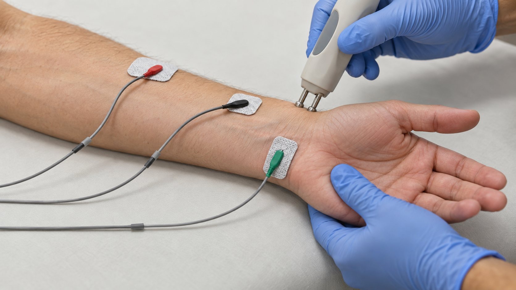 Surface electrodes and nerve-testing equipment at an adult wrist