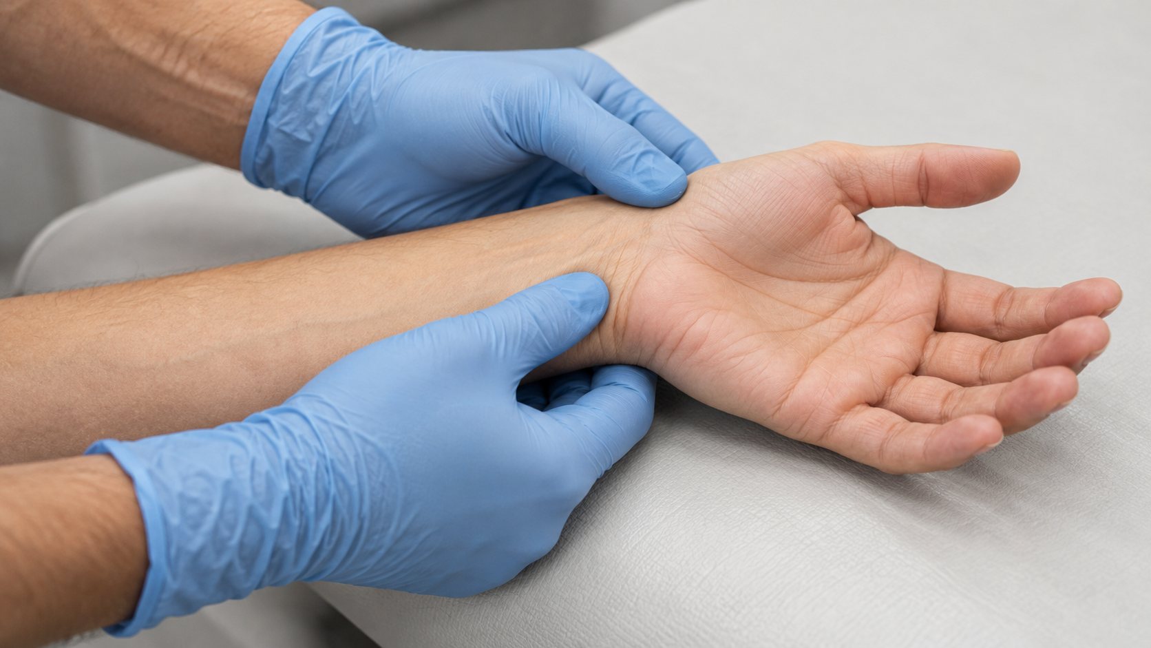 Gloved hands examining an adult patient's hand and wrist
