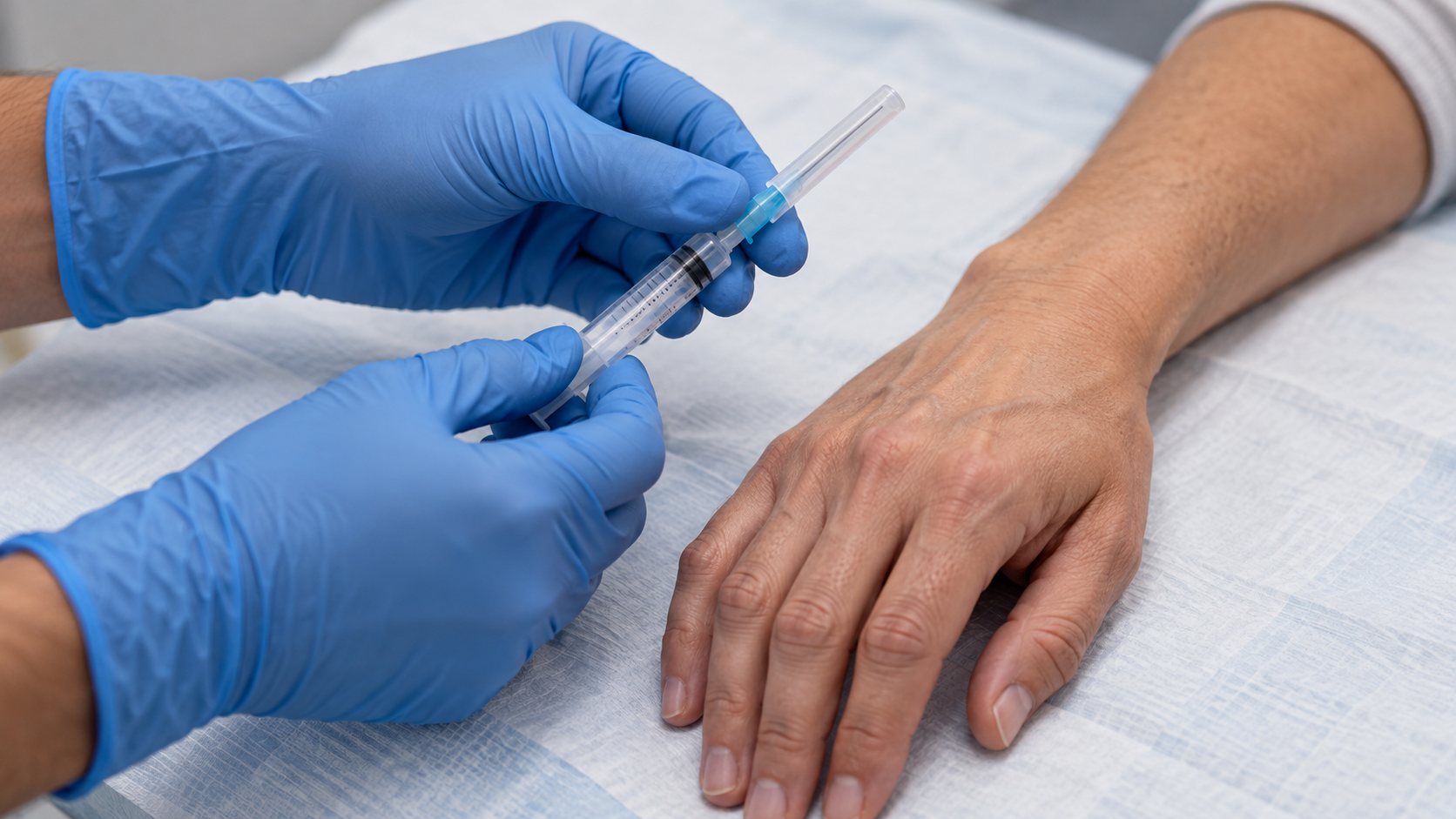 Gloved hands preparing a capped syringe beside an adult wrist