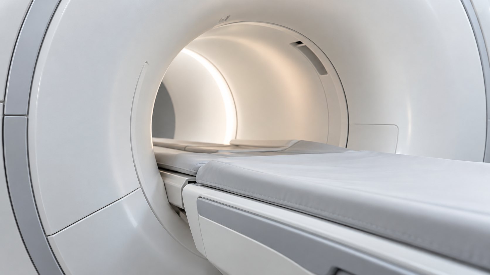 Close-up of an MRI scanner opening and patient table