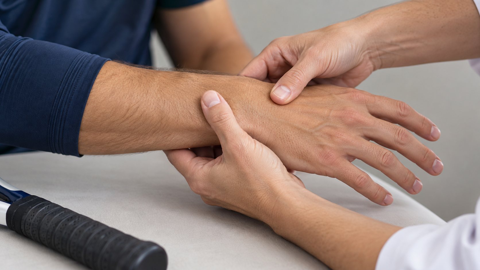 Close-up of a wrist assessment with an athletic sleeve and tennis grip