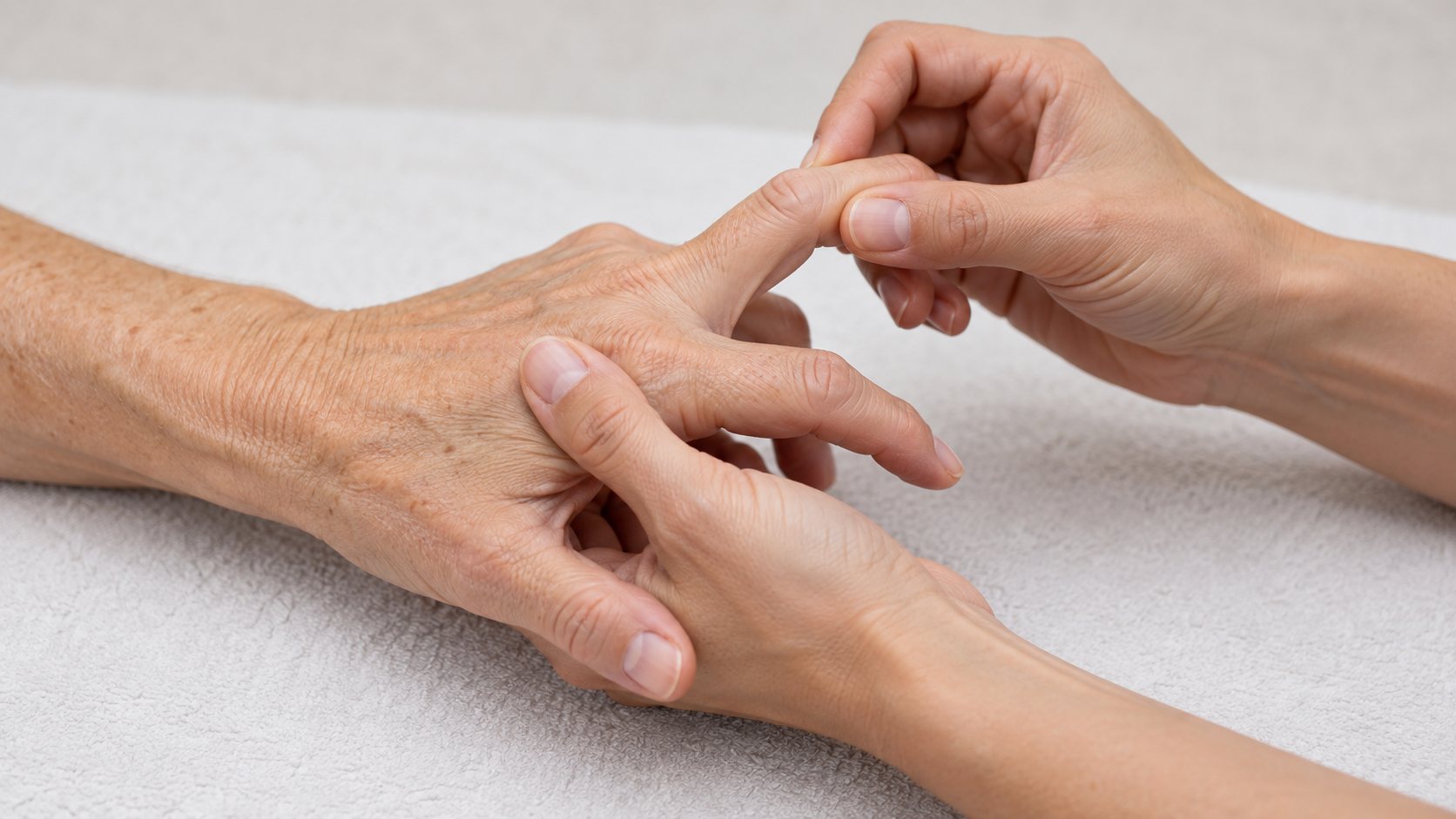 A therapist guiding an adult patient's finger movement