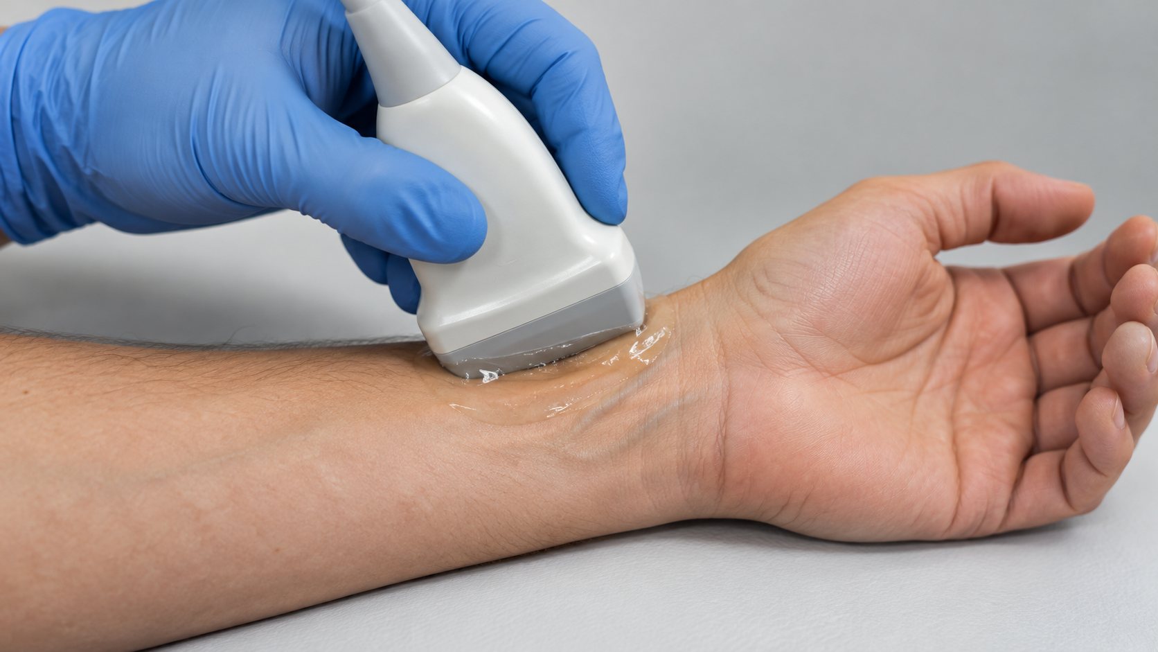Ultrasound transducer examining an adult wrist