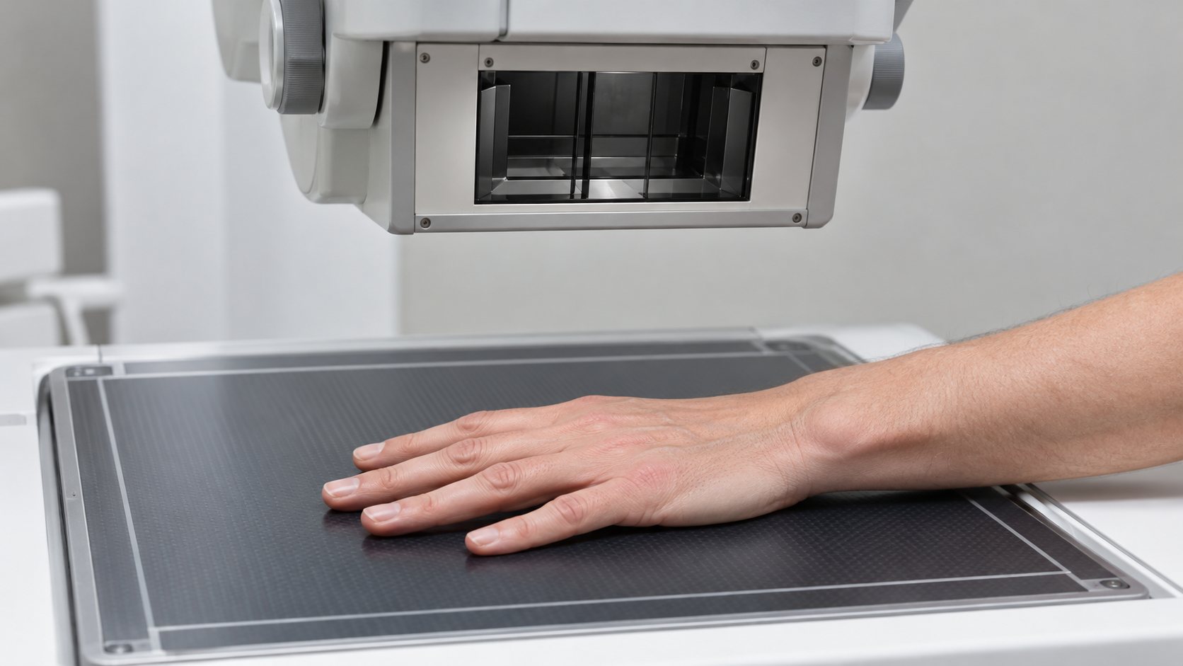 Close-up of an adult hand positioned beneath generic X-Ray equipment